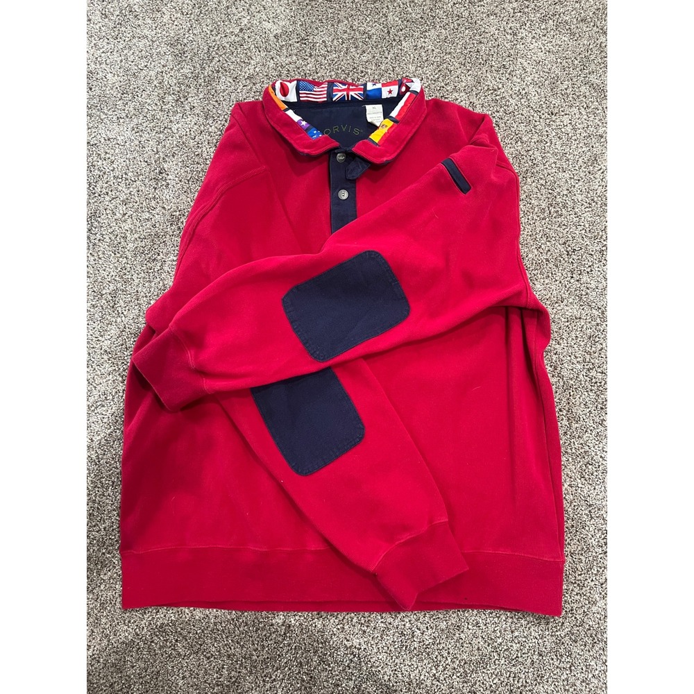 ORVIS Red Rugby Sweatshirt Men's Size XL International Flag Collar Patch Elbows - Picture 1 of 8